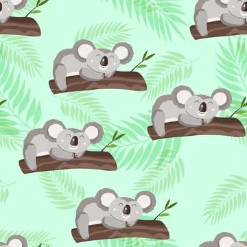 Seamless pattern with cute koala baby and leaves on color background. Funny Stock Illustration