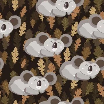 Seamless pattern with cute koala baby and leaves on color background. Funny Stock Illustration