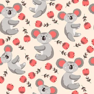 Seamless pattern with cute koala baby and flowers on color background. Funny イラスト素材
