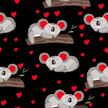 Seamless pattern with cute koala baby and hearts on dark background. Funny イラスト素材
