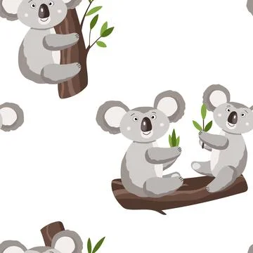 Seamless pattern with cute koala baby on white background. Funny australian Stock Illustration