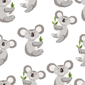 Seamless pattern with cute koala baby on white background. Funny australian Stock Illustration
