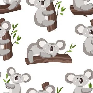 Seamless pattern with cute koala baby on white background. Funny australian Illustrazione stock