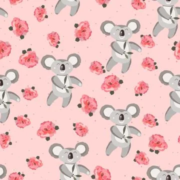 Seamless pattern with cute koala baby and flowers on color background. Funny 库存插图