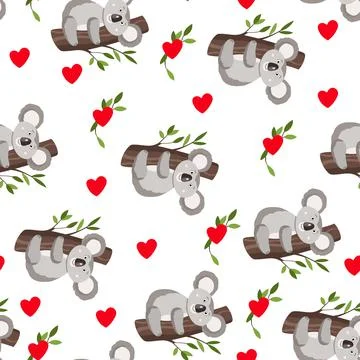 Seamless pattern with cute koala baby and hearts on white background. Funny Stockillustratie