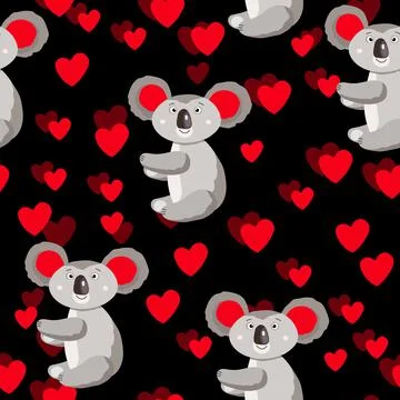 Seamless pattern with cute koala baby and hearts on dark background. Funny Illustrazione stock