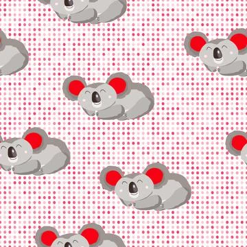 Seamless pattern with cute koala baby and hearts on white polka dots background Stock Illustration