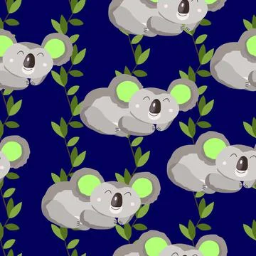 Seamless pattern with cute koala baby and leaves on color background. Funny Stock Illustration