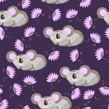 Seamless pattern with cute koala baby and flowers on color background. Funny Illustrazione stock