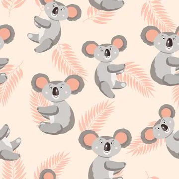 Seamless pattern with cute koala baby and leaves on color background. Funny イラスト素材
