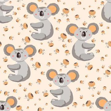 Seamless pattern with cute koala baby and flowers on color background. Funny Stock Illustration