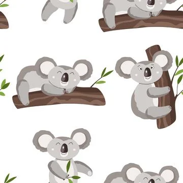 Seamless pattern with cute koala baby on white background. Funny australian Stock Illustration