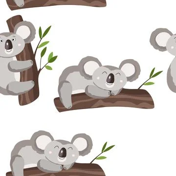 Seamless pattern with cute koala baby on white background. Funny australian Stockillustratie