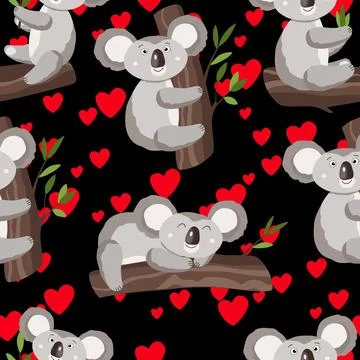 Seamless pattern with cute koala baby and hearts on dark background. Funny 库存插图