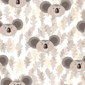 Seamless pattern with cute koala baby and leaves on color background. Funny 库存插图