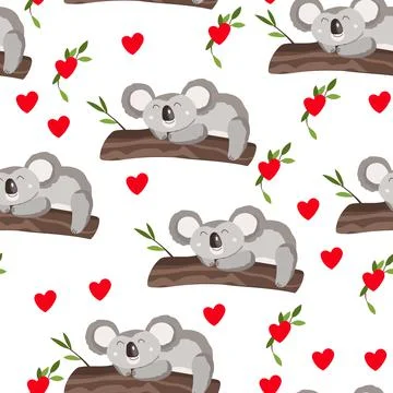 Seamless pattern with cute koala baby and hearts on white background. Funny イラスト素材
