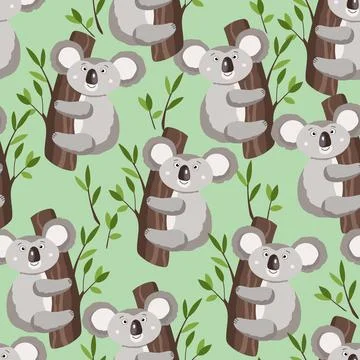 Seamless pattern with cute koala baby and leaves on white background. Funny イラスト素材