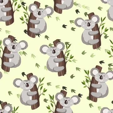 Seamless pattern with cute koala baby and leaves on color background. Funny イラスト素材