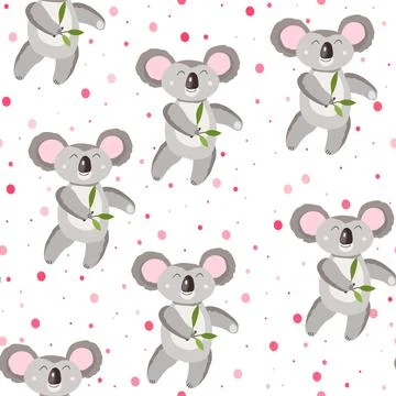 Seamless pattern with cute koala baby and hearts on white polka dots background イラスト素材