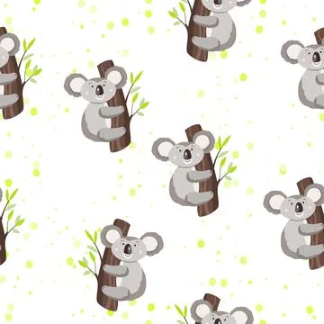 Seamless pattern with cute koala baby and hearts on white polka dots background Stock Illustration