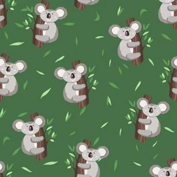 Seamless pattern with cute koala baby and leaves on color background. Funny Stockillustratie