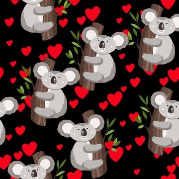 Seamless pattern with cute koala baby and hearts on dark background. Funny Illustrazione stock