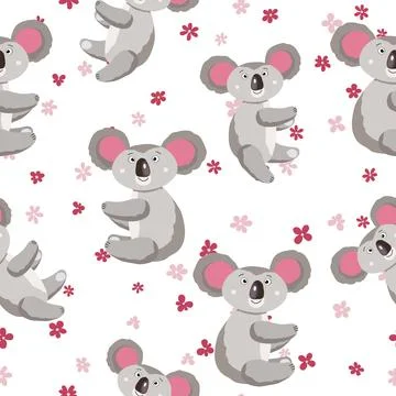 Seamless pattern with cute koala baby and flowers on light background. Funny イラスト素材