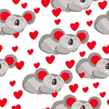 Seamless pattern with cute koala baby and hearts on white background. Funny 库存插图