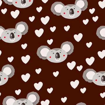 Seamless pattern with cute koala baby and hearts on white background. Funny Stock Illustration