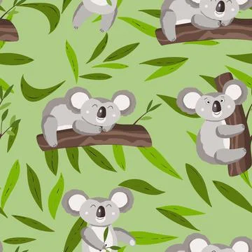 Seamless pattern with cute koala baby and leaves on color background. Funny Stock Illustration