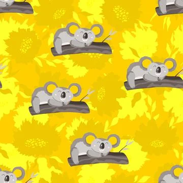 Seamless pattern with cute koala baby and flowers on color background. Funny Stock Illustration