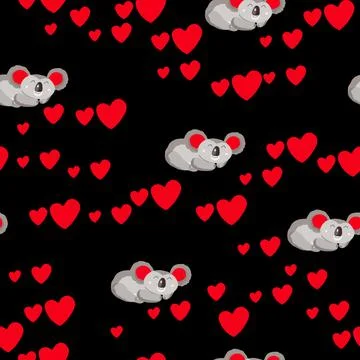 Seamless pattern with cute koala baby and hearts on dark background. Funny Stockillustratie