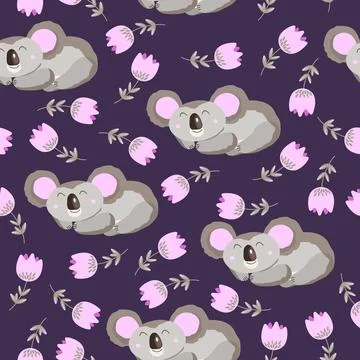 Seamless pattern with cute koala baby and flowers on color background. Funny Stock Illustration