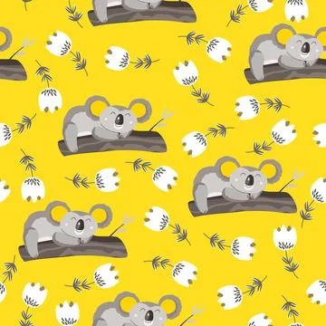 Seamless pattern with cute koala baby and flowers on color background. Funny Stockillustratie