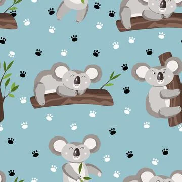 Seamless pattern with cute koala baby and footprint on color background. Funny Stock Illustration