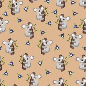 Seamless pattern with cute koala baby and flowers on color background. Funny Illustrazione stock
