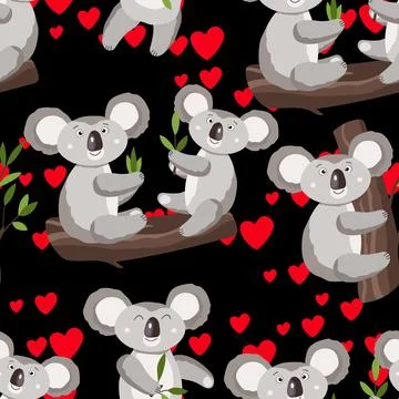 Seamless pattern with cute koala baby and hearts on dark background. Funny イラスト素材