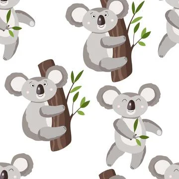 Seamless pattern with cute koala baby on white background. Funny australian Stock Illustration