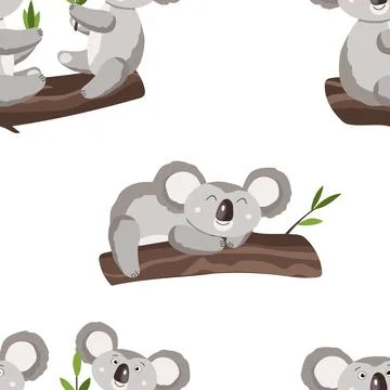 Seamless pattern with cute koala baby on white background. Funny australian Illustrazione stock