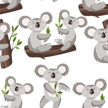 Seamless pattern with cute koala baby on white background. Funny australian Stock Illustration