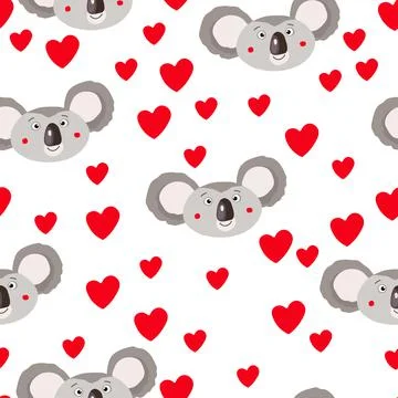 Seamless pattern with cute koala baby and hearts on white background. Funny 库存插图