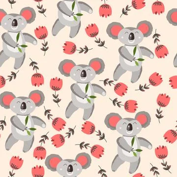 Seamless pattern with cute koala baby and flowers on color background. Funny 库存插图