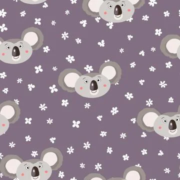 Seamless pattern with cute koala baby and flowers on white background. Funny Stock Illustration