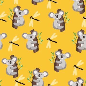 Seamless pattern with cute koala baby and dragonfly on color background. Funny イラスト素材