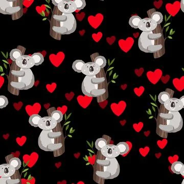 Seamless pattern with cute koala baby and hearts on dark background. Funny Stock Illustration