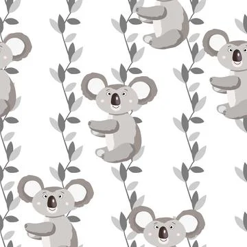 Seamless pattern with cute koala baby and leaves on white background. Funny Illustrazione stock