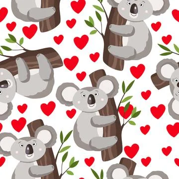 Seamless pattern with cute koala baby and hearts on white background. Funny Illustrazione stock