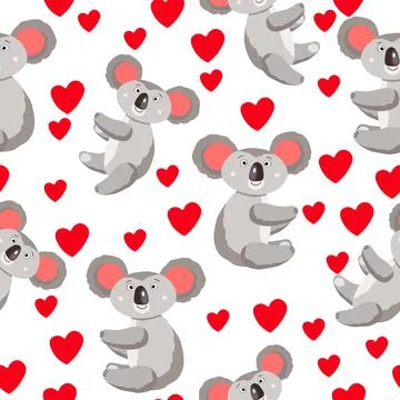 Seamless pattern with cute koala baby and hearts on white background. Funny Stock Illustration