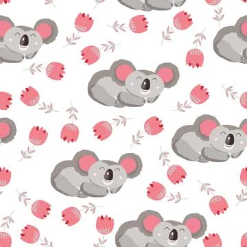 Seamless pattern with cute koala baby and flowers on light background. Funny Illustrazione stock