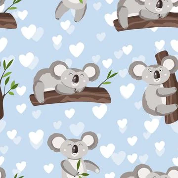 Seamless pattern with cute koala baby and hearts on color background. Funny Stock Illustration
